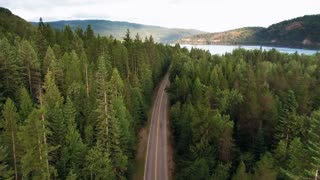 Drone footage of roads in middle of forest.