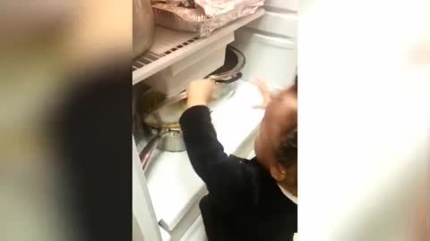 funny baby sneaks to the refrigerator