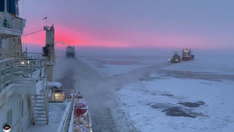 The nuclear-powered icebreaker Vaigach navigates the Yenisei River.