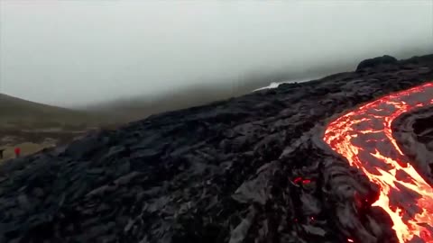 Drone Captures lava flowing from Insane Iceland volcano