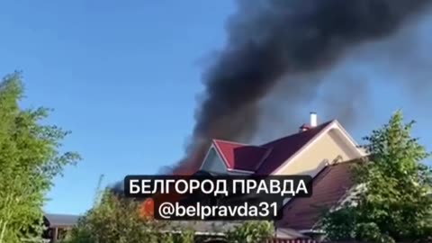 Houses on fire after the Ukrainian shelling of Belgorod in Russia