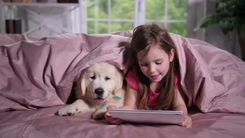 Cute elementary age child watching cartoon on tablet in nursery together with golden retriever puppy