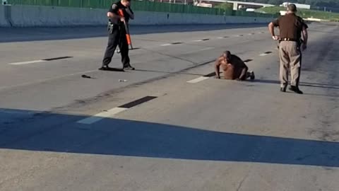 Police Approach Man in Underwear on Highway