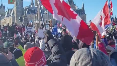 Participants of the Freedom Convoy chant "Justin Trudeau Must Go!"