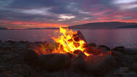 Relaxing Campfire by Lake at Sunset