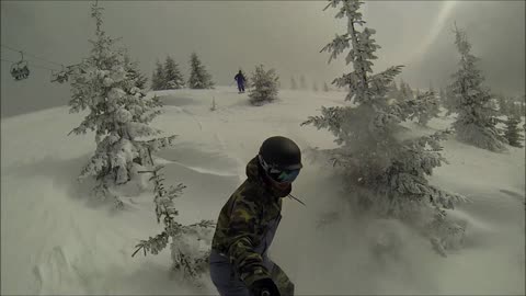Snowboarder with selfie stick crashes into tree