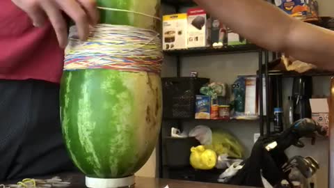 Watermelon explodes after rubber band science experiment