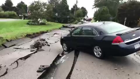 Road after flooding in Portsmouth Rhode Island, USA.