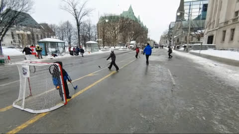 Ottawa Freedom Convoy - Clown Trudeau is scared of this: Scary children playing scary ice hockey... Insurrectionists...