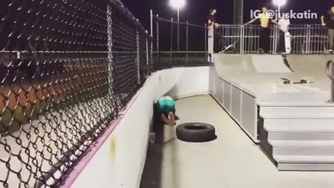 Skater does a trick in a skate park, hops on fence, onto a tire, and back onto the ledge, and falls on groin, lays on hospital bed with bleeding groin