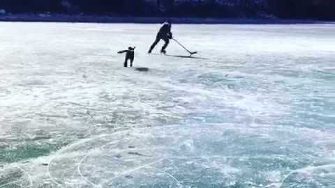 Labrador Plays Hockey On A Frozen Lake