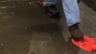 People walking over objects in flooded station