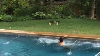 Guy tries to jump pool and hits stomach on other side