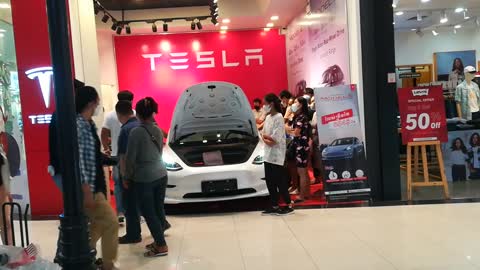 Tesla best electric car in the world showroom at aeon mall in Cambodia