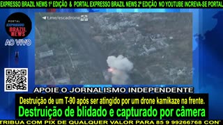 Destruição de um T-90 após ser atingido por um drone kamikaze na frente.