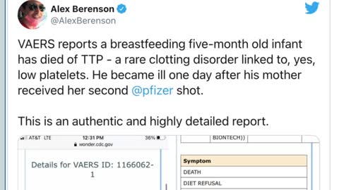 VAERS reports a breastfeeding five-month old infant has died of TTP