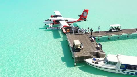 Tourists getting off a water plane on a pier