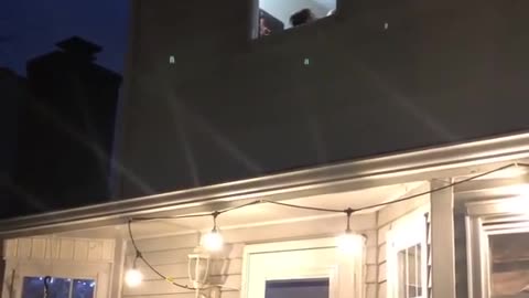 Kid Makes Two Basketball Trick Shots From His Bedroom Window Into Hoop Through Trampoline