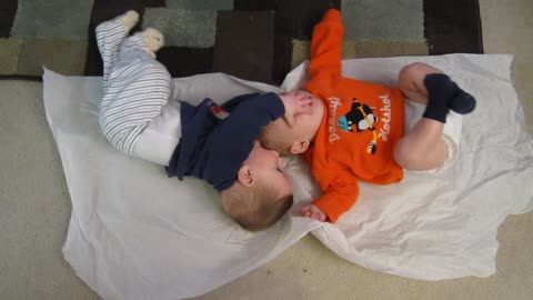 Baby nibbles on twin brother's head