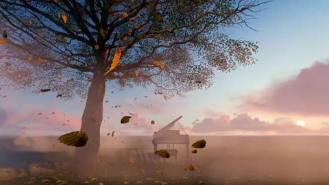 Piano under a tree with dry leaves falling