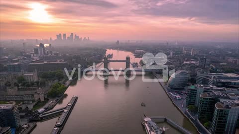 Drone footage of sunrise of tower bride of river Thames in London