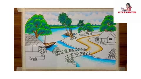 How to draw a natural village scenery| Landscape drawing with oil pastel color.