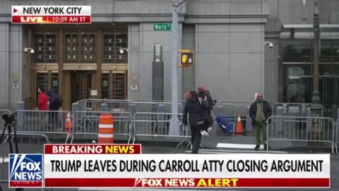 Donald Trump exits court while E. Jean Carroll's attorney concludes closing remarks.