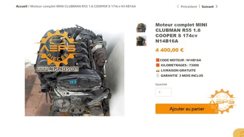 AEPSPIECES.COM - Moteur complet MINI CLUBMAN R55 1.6 COOPER S 174cv N14B16A