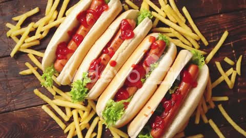 American hot dogs assorted in row Served with french fries
