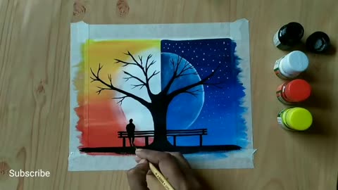 Beautiful poster color and acrylic day and night side by side couple painting