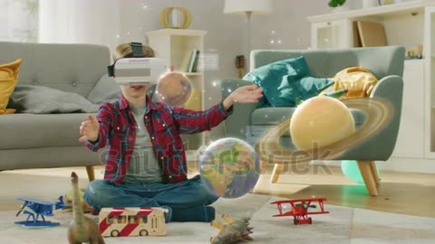 Smart Little Boy Wearing Augmented Reality With Gestures He Manipulates 3D