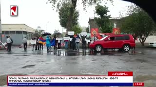 A group of people came to a rally in front of the 102nd Russian military base near the city of Gyum