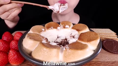 ASMR Mukbang utella S'mores concoction, savor fresh strawberries, and indulge in rich chocolate