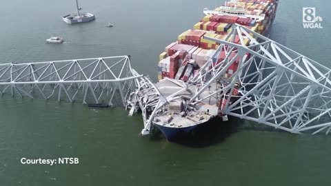 Drone video of Baltimore bridge collapse from NTSB