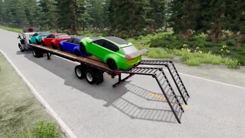 Flatbed Trailer Cars Transporatation with Truck - Pothole vs Car - BeamNG.Drive