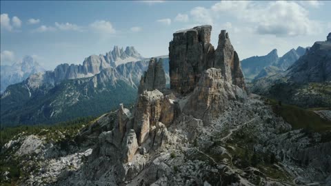 aerial drone view of dolomites cinque torri cortina dampezzo five towers rock formation