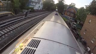 Guys pov climbing on top of moving train