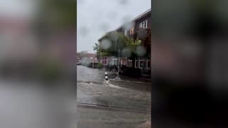 Floodwater covers streets in Maastricht, Netherlands