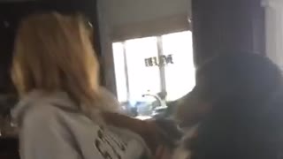 Saint bernard jumps on blonde girl in kitchen