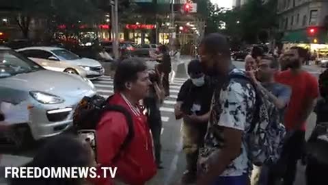 BLM protestors confront man outside Carmine's. Video by @ScooterCasterNY