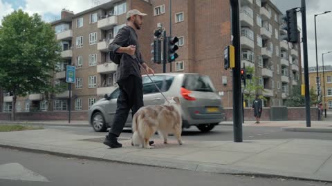 A man walks with a dog in the city