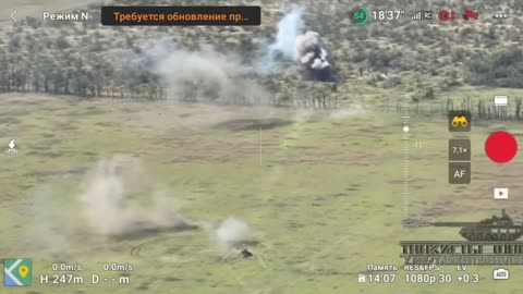 Drone video of a Russian tank tearing up the Ukrainian armed forces' defensive line.