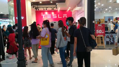 Tesla best electric car showroom at aeon mall in Cambodia so beautiful