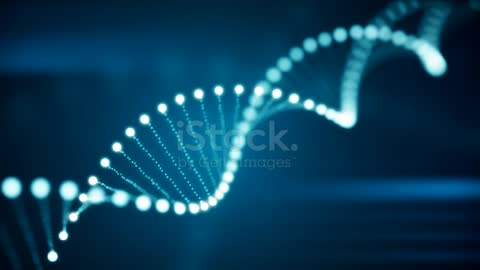 Seamless animation of rotating DNA glowing molecule on blue background