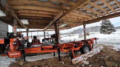 Stihl KM 131R Leaf Blower winter start Blowing snow out of Sawmill Shed