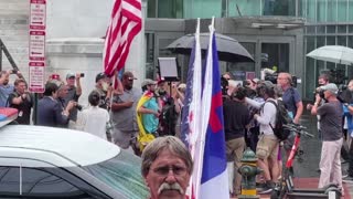 Leftists Chase Man with American Flag Outside Trump Speech Venue