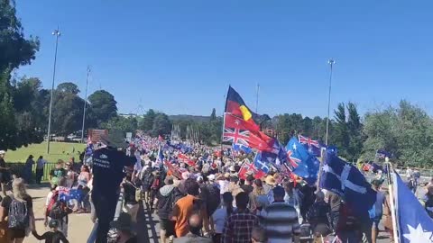 Canberra, Australia: Massive crowd of protesters on their way to parliament in the Aussie capital