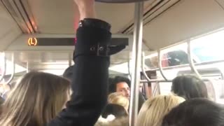 Subway pole broken woman hanging on