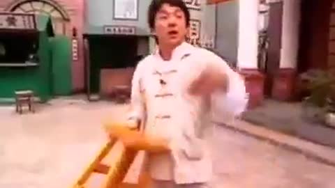 Jackie Chan shows off one of her movie set tricks.