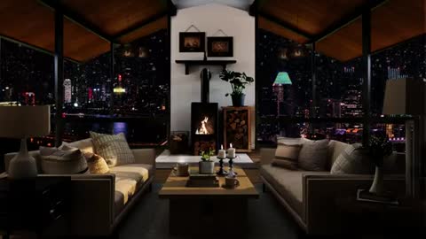 Relaxing jazz and fireplace sound with City night view | Soft crackling fire cozy ambience 8HR